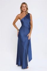 The Diamond Soire Halter Satin Maxi Dress Navy