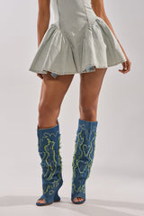 AZALEA WANG VIANCA GREEN MULTI DENIM WEDGE BOOT
