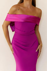 The Sleek Soire Off Shoulder Maxi Dress Plum