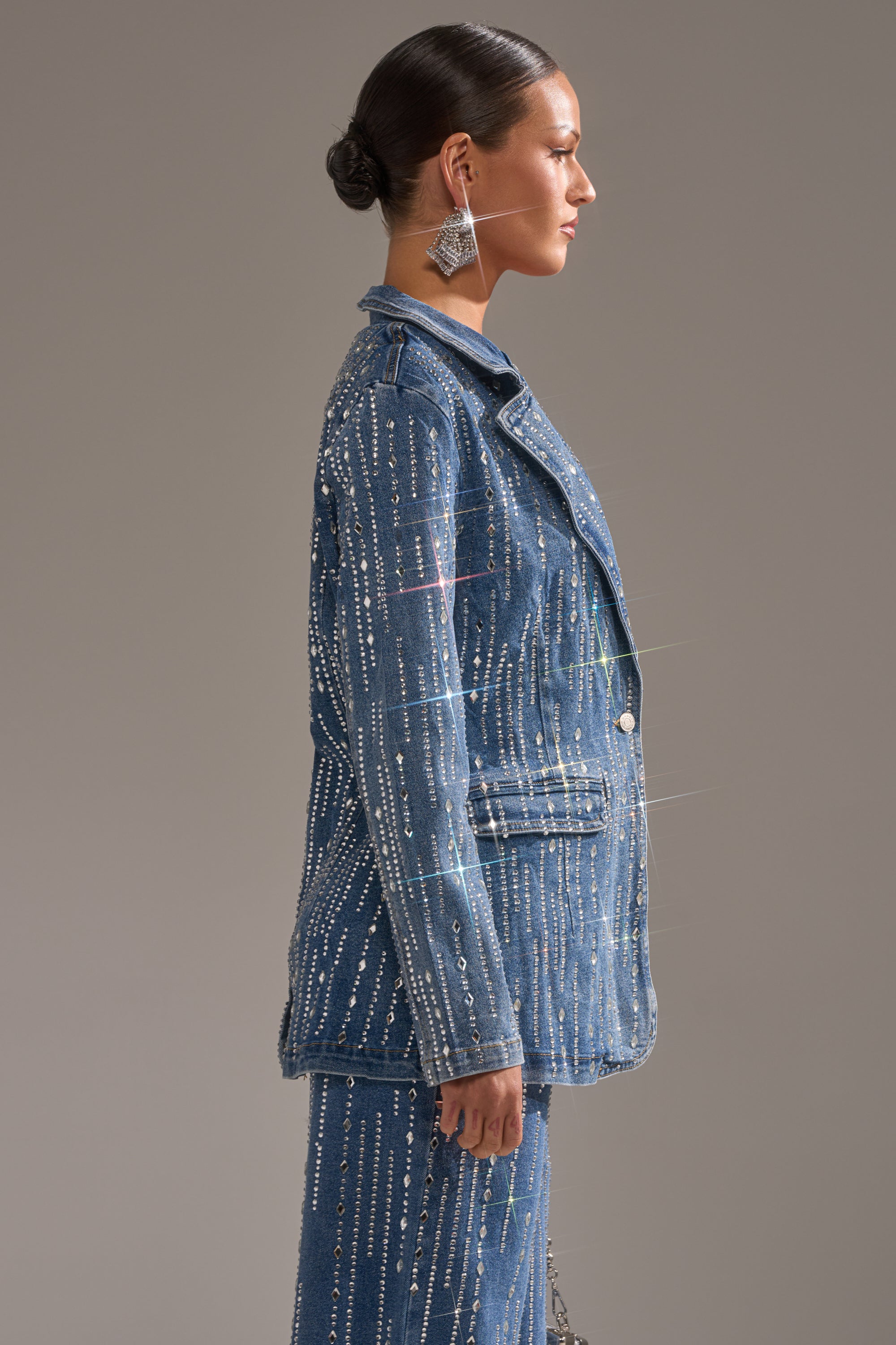 NEVER COME DOWN RHINESTONE DENIM BLAZER