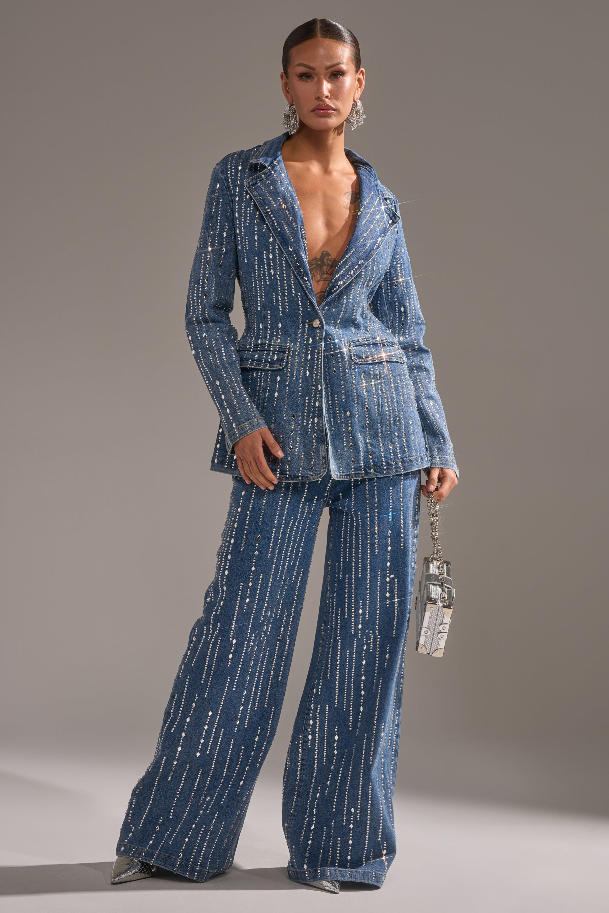 NEVER COME DOWN RHINESTONE DENIM BLAZER