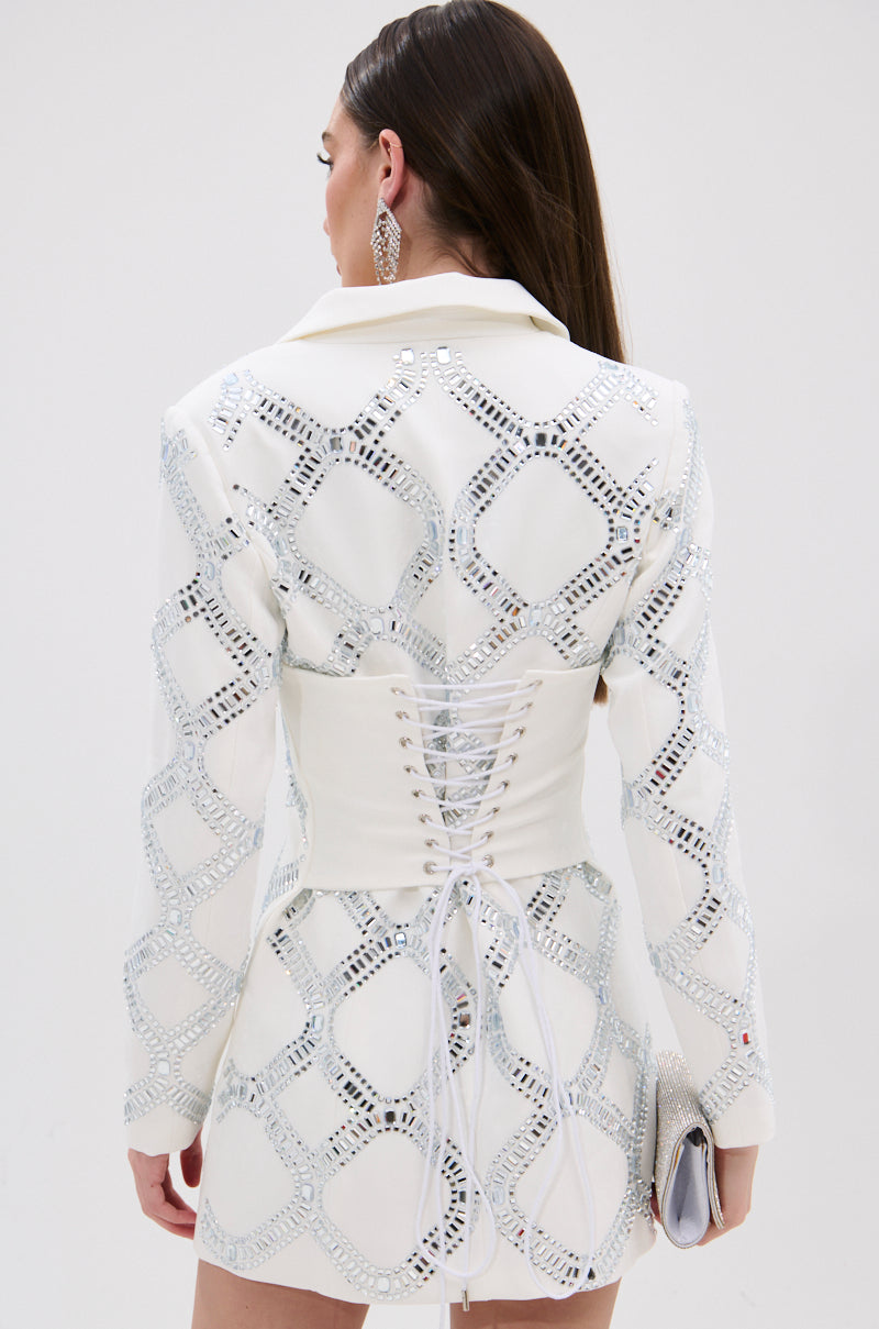 LOOK AT ME RHINESTONE BLAZER DRESS IN WHITE