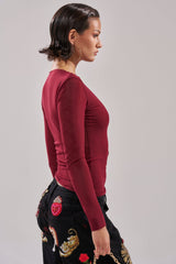 PAXTON DOUBLE LINED MESH LONG SLEEVE TOP IN PLUM