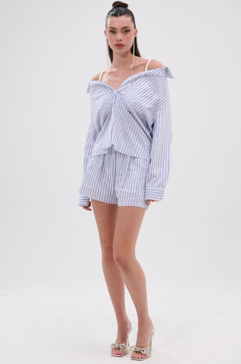 NOTHING BETTER STRIPE BUTTON DOWN WITH RHINESTONE