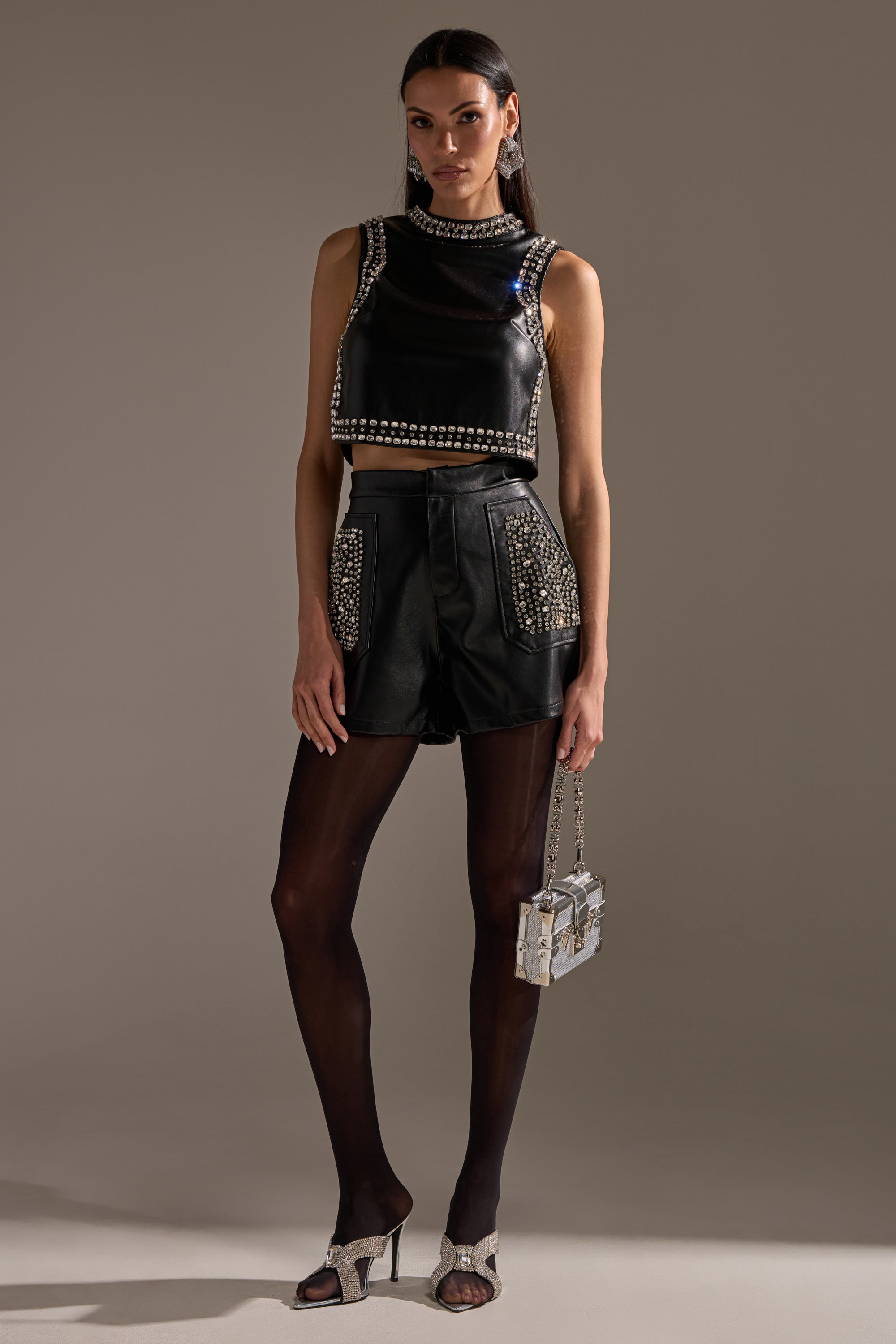 DANCE THE NIGHT AWAY FAUX LEATHER RHINESTONE BLOUSE