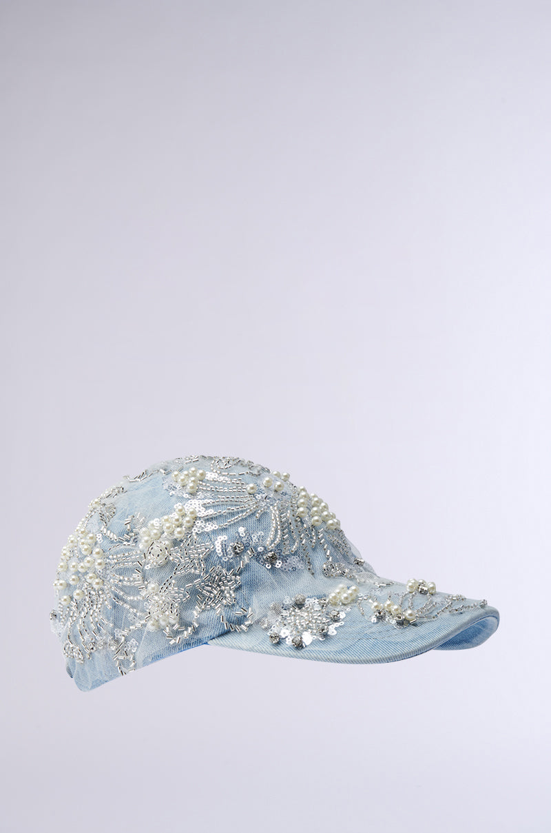 BLESSING IN DENIM EMBELLISHED BASEBALL HAT