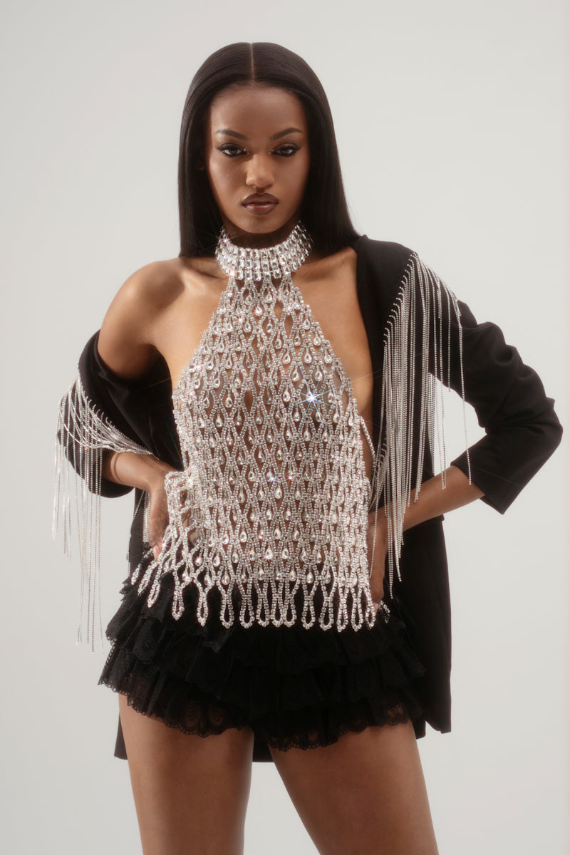 LOREN RHINESTONE HALTER NECK TOP IN SILVER
