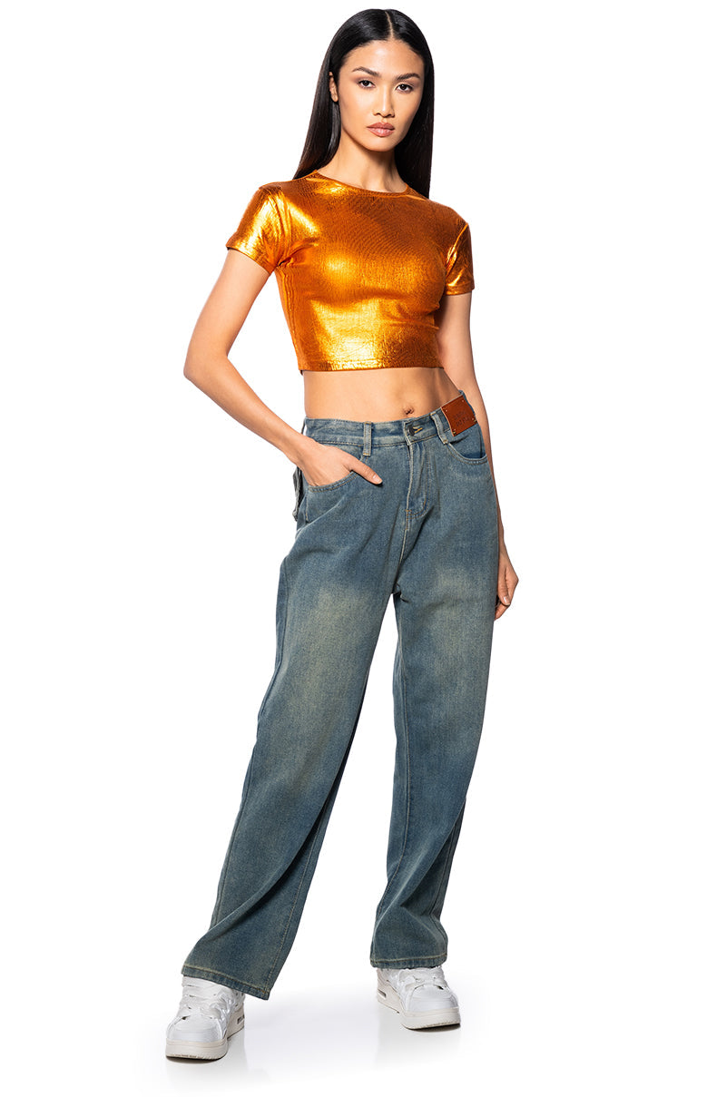 ARIES METALLIC RIB SHORT SLEEVE T SHIRT IN ORANGE