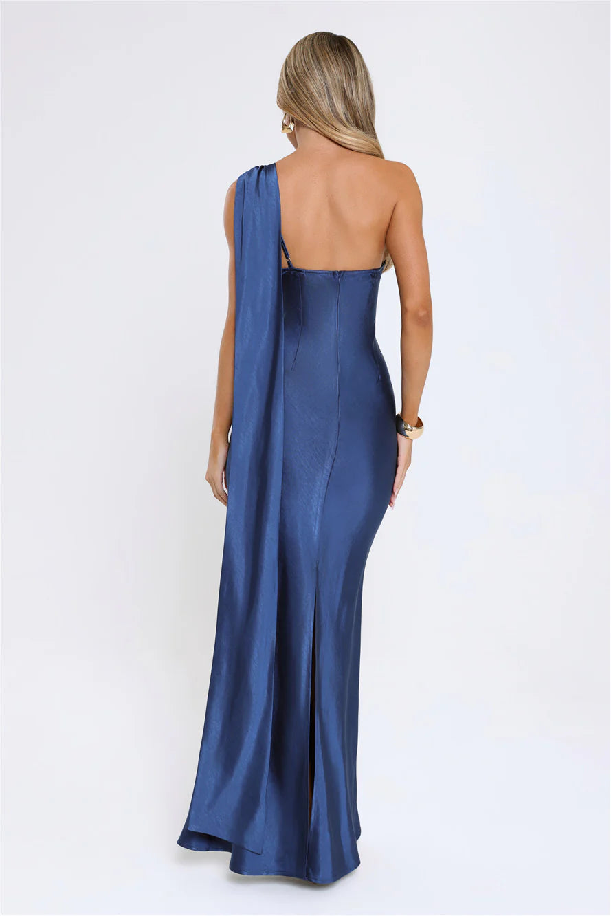 The Diamond Soire Halter Satin Maxi Dress Navy