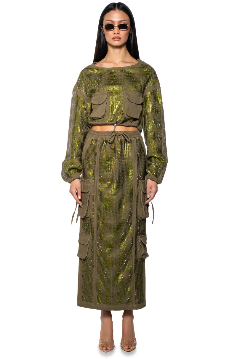 BLAIR RHINESTONE MIDI CARGO SKIRT