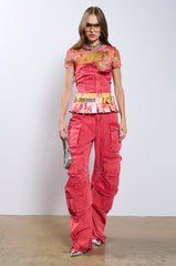 NO ONE LIKE ME CARGO DENIM JUMPSUIT IN RED