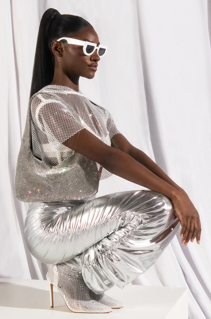 NORTH STAR RHINESTONE MESH HOODED CROP TOP IN WHITE