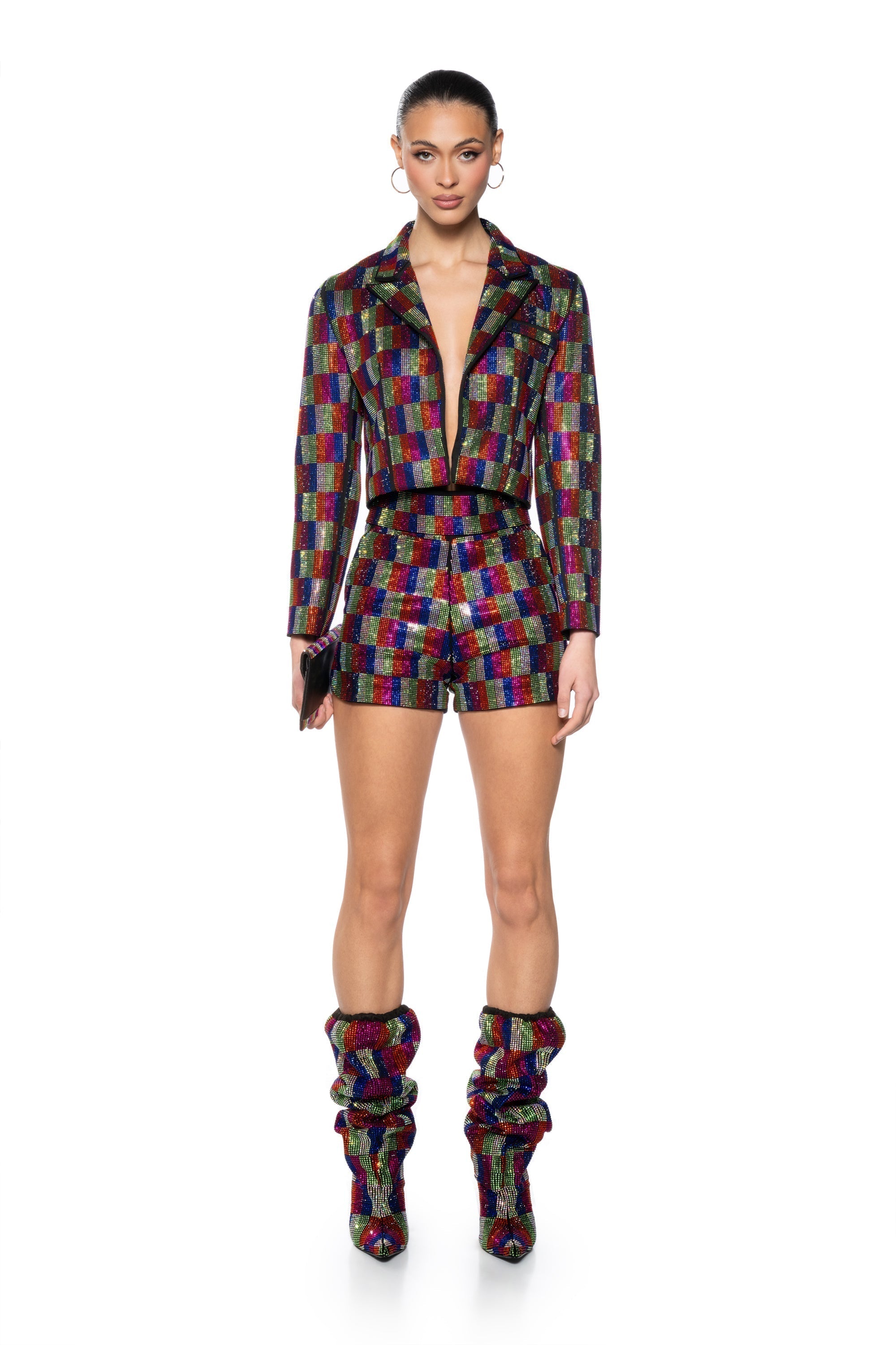 POP STAR RECTANGLE PRINT RHINESTONE HOT SHORT